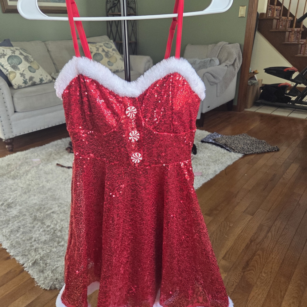 Sparkling Red Sequin Dress with White Fur Trim